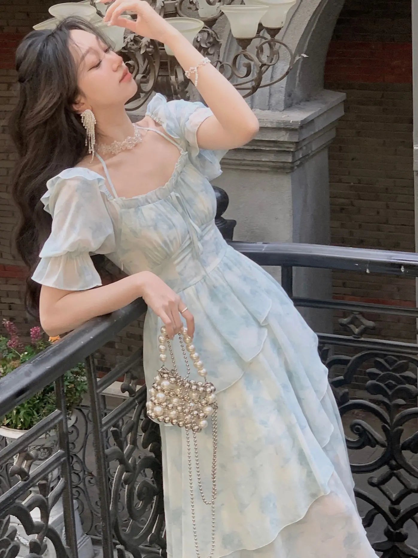 French Chiffon Print Midi Dress for Women  New Summer Elegant Party Blue Floral  Holiday Vintage Female Clothes