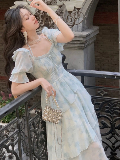 lovwvol French Chiffon Print Midi Dress for Women New Summer Elegent Party Blue Floral Vestidos Holiday Vintage Female Clothes