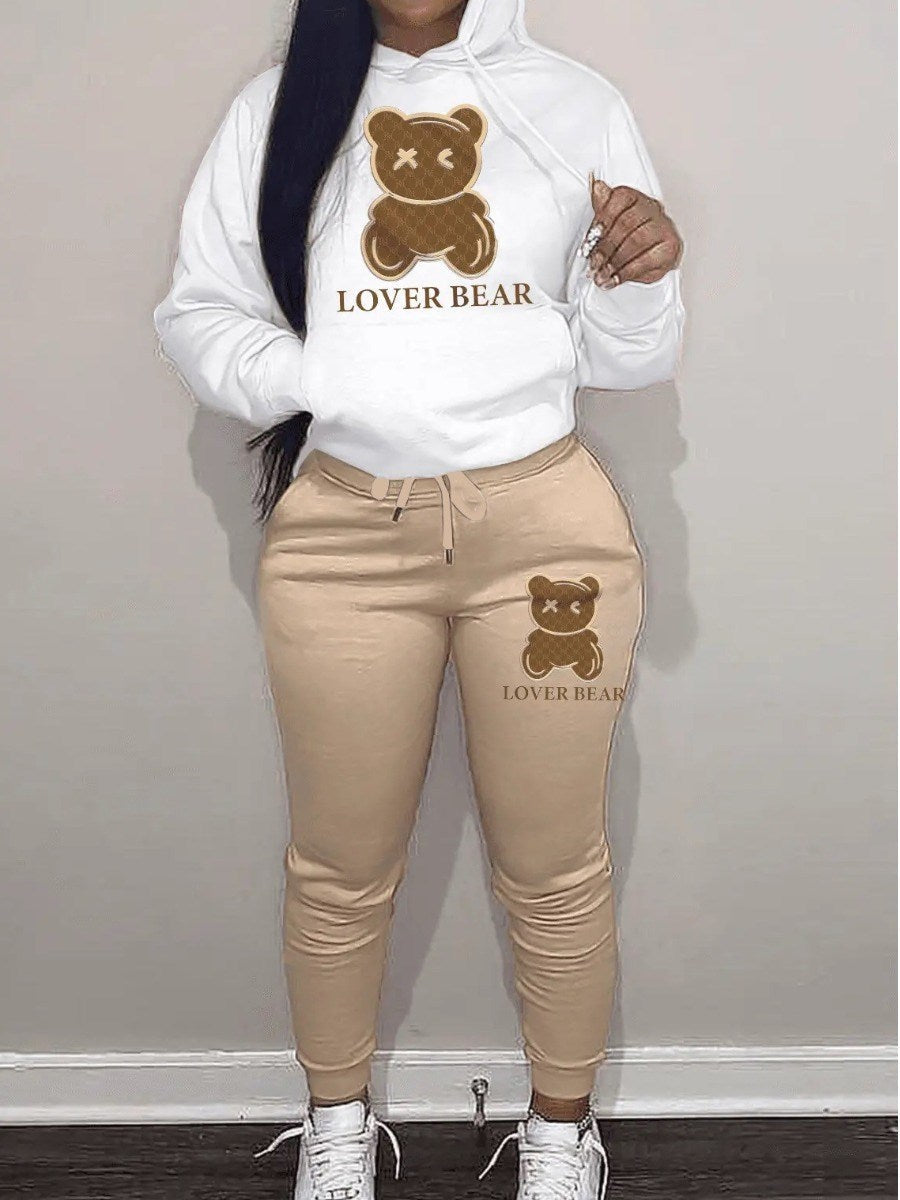 Lovely Bear Letter Print Kangaroo Pocket Tracksuit Set Long Sleeve Hoodie+Drawstring Trousers Women Two Pieces Matching Suits