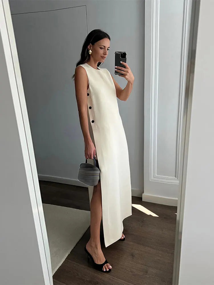 lovwvol Women Elegant Side Buttons Split Maxi Dress Fashion O-neck Sleeveless Solid Dresses Summer Female Casual Loose Street Robes