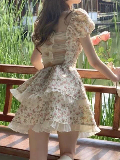 lovwvol Flower Print Kawaii Sweet Dress Women Hollow Out French Vintage Mini Dress Female Butterfly-knot Korean Designer Dress New