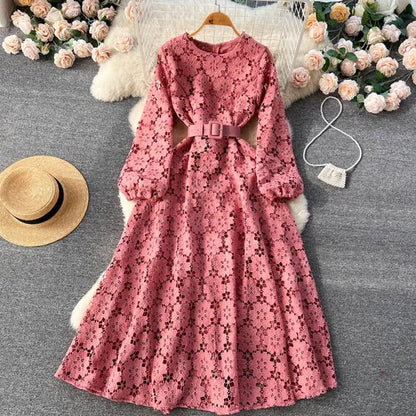 lovwvol Spring Autumn Women Hook Flower Hollow Party Long Dress Vintage Round Neck Puff Sleeve High Waist A-Line Maxi Vestidos New 2024