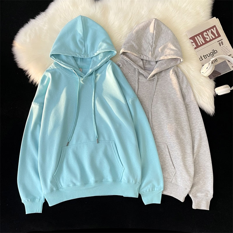 lovwvol     Woman's Sweatshirts Solid Drop Shoulder Korean Female Hooded Pullovers 2023 Thicken Warm Oversized Hoodies Women