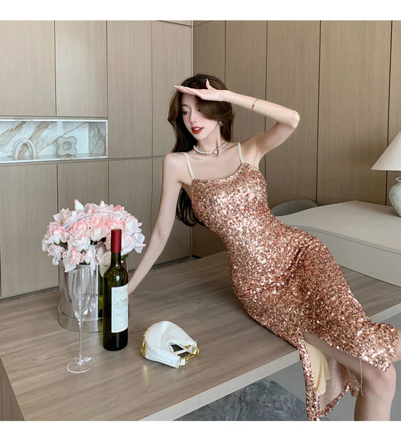 lovwvol Korean Sequins Midi Dresses for Women Summer Elegant Party Sexy Sleeveless Slim Prom Female Clothes Wedding Evening Dress