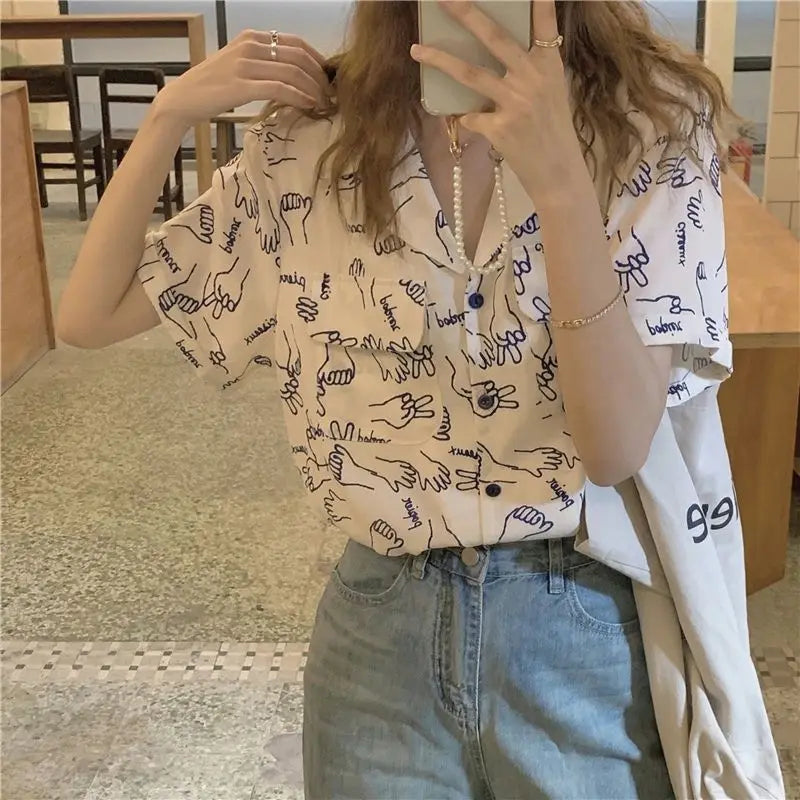 lovwvol Japanese Graphic Blouses Women Oversize Hippie Hawaiian Shirts Kawaii Harajuku Fashion Cute Tops Casual Summer Cardigan