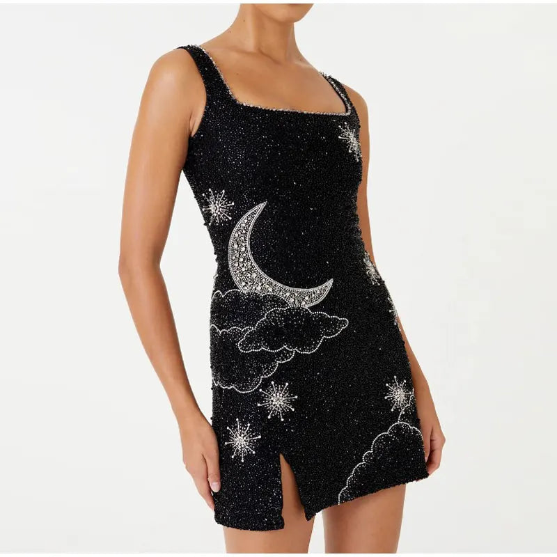 Fashion Shiny Sequins Printed Strap Mini Dress Women Chic U-neck Sleeveless Splited Bodycon Dresses  Lady Party Club Vestido