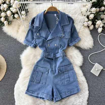 Guilantu Summer Vintage Denim Playsuits Women's Short Sleeve Bodycon Casual Shots Rompers Jumpsuit Jeans Overalls For Women