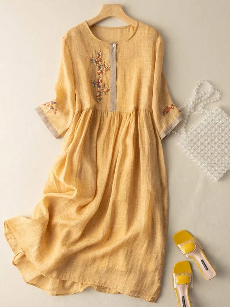 lovwvol   New Summer High Waist Short Sleeve O-Neck Vintage Women Dresses Cotton Flower Embroidered Ladies Sundress Robe Femme