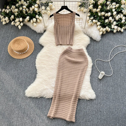 lovwvol Summer Women Fashion Skirt Set Sexy Sleeveless Tank Tops High Waist Slim Long Saya Female Two Piece Suits Knit Solid Clothes