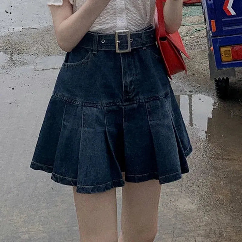 lovwvol  High Waist Y2K Jean Skirts Women Retro Mini Denim Pleated Skirts Harajuku Punk Belt Korean Student Casual A Line Skirt