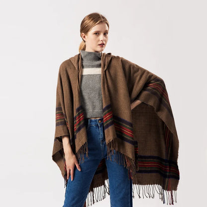 lovwvol Fringed Stripe Jacquard Knit hooded cloak Women Shawl Cape Cardigan Winter Warm Vintage Scarves Ponchos Scarf Outwear