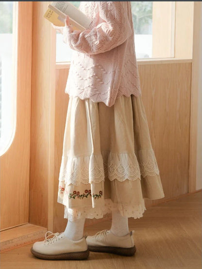 lovwvol Vintage Lace Splice Half Skirt New Khaki Half Skirts for Woman Sweet Age Reduction Embroidery Flower Fashion Long Dress