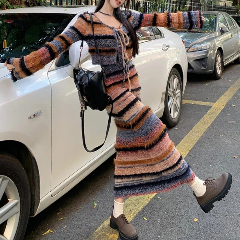 Autumn New Streetwear Lace Up Sexy Long-sleeved Cardigan Women + Contrast Color Striped Knit Sling Dress Two-piece Suit