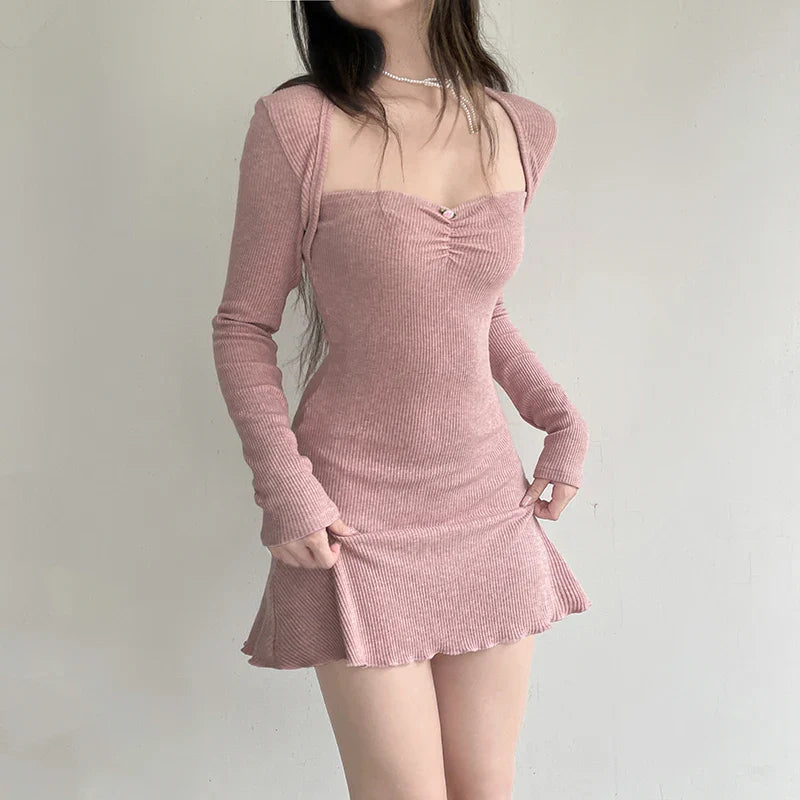 lovwvol Korean Square Neck Pink Autumn Dress Women Sweet Fold Coquette Clothes Slim Basic Knit Mini Dress Elegant Stylish New