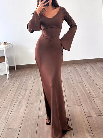 Long Sleeve Silk Elegant Women's Casual Long Dresses Autumn Bodycon lace up Slim Solid Modesty Fashion Female Clothing