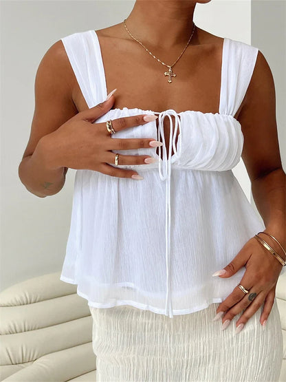 lovwvol Women Summer Spaghetti Strap Camis Tops Y2K Casual Ruffles Sleeveless Square Neck Lace-up Solid Tank Mini Vests