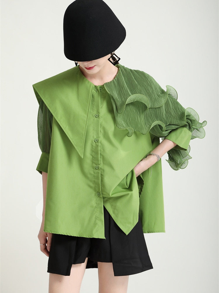 Women Green Irregular Ruffles Big Size Blouse New Lapel Short Sleeve Loose Fit Shirt Fashion Spring Summer 2023