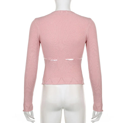 lovwvol Sweet Coquette Pink Knitted Sweater Jumper Lace Patched Buttons Korean Knitted Pullover Autumn Cutecore Shirring New