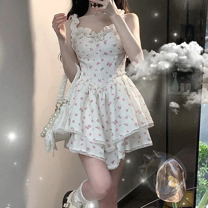 lovwvol Floral Dress for Women Sleeveless Korean Fashion Party Dresses Slim Print Sling Fluffy Skirt 2024 New Spring Summer Dress