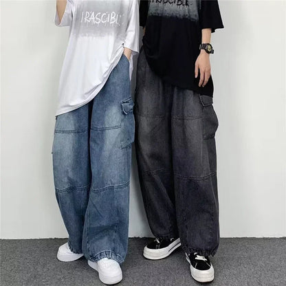 lovwvol Y2k Vintage Baggy Jeans for Women Autumn Loose Pockets Elastic Waist Denim Wide Leg Pants Japanese Streetwear Trousers