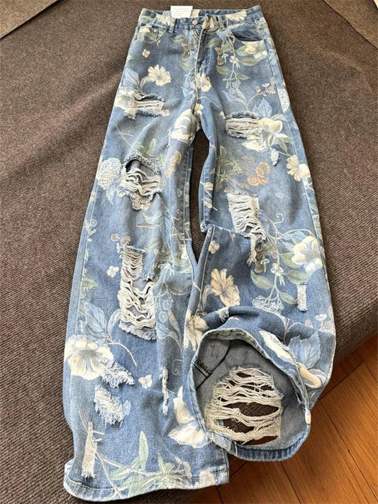 lovwvol Women's Flower Print Design Distressed Jeans Young Girl Summer Thin Straight Bottoms Vintage Trousers Female Wide Leg Pants