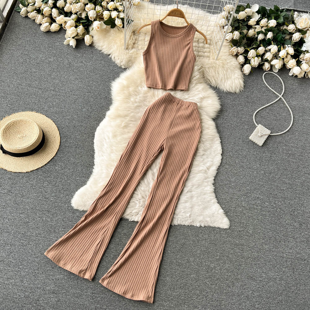 lovwvol Women Casual Pants Set Fashion Bodycon Slim Short Tank Top +Striped Wide Legs Long Pants Solid Summer Two Piece Suit