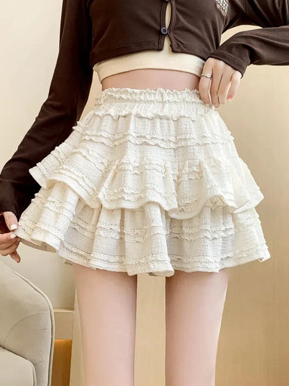 lovwvol Sweet Cute Lace Mini Skirt Women Kawaii White Ruffles Pleated Skirts Summer Korean High Waist Black Casual A Line Skirt