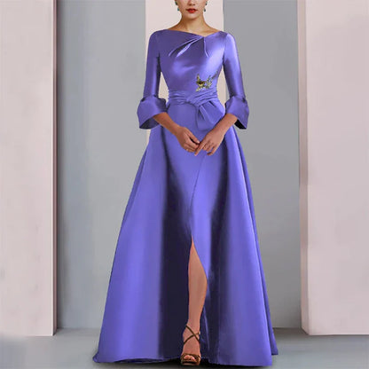 Long Elegant Mother of the Bride Dresses Beads Satin Floor-Length A-Line Wedding Guest Party Dress for Women  Evening Gala