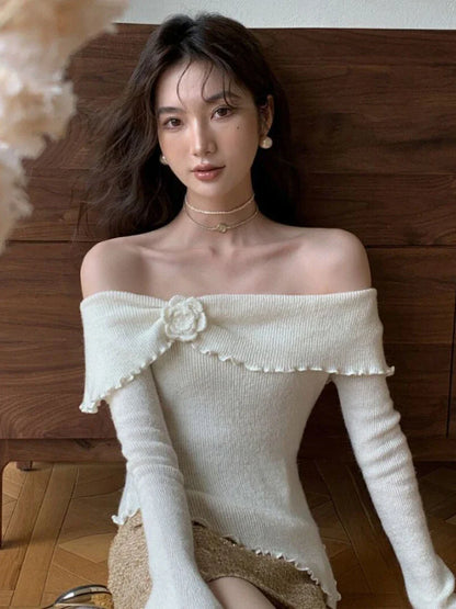 lovwvol Korean Fashion Off Shoulder Sweater Women Fairycore Aesthetic Knitted Jumper Mujer Chic Elegant Long Sleeve Top Spring