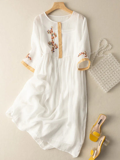 lovwvol   New Summer High Waist Short Sleeve O-Neck Vintage Women Dresses Cotton Flower Embroidered Ladies Sundress Robe Femme