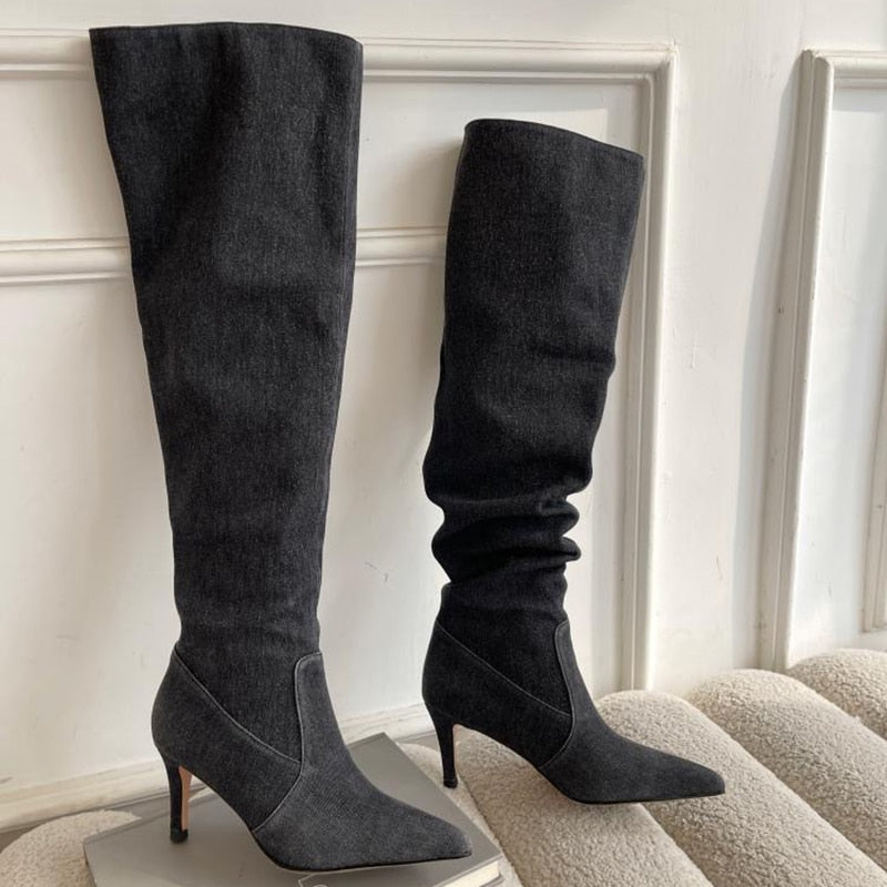 Pleated High Heels Denim Boots for Women  Autumn Jeans Knee High Cowboy Boots Woman Blue Thin Heeled Long Botas Feminina