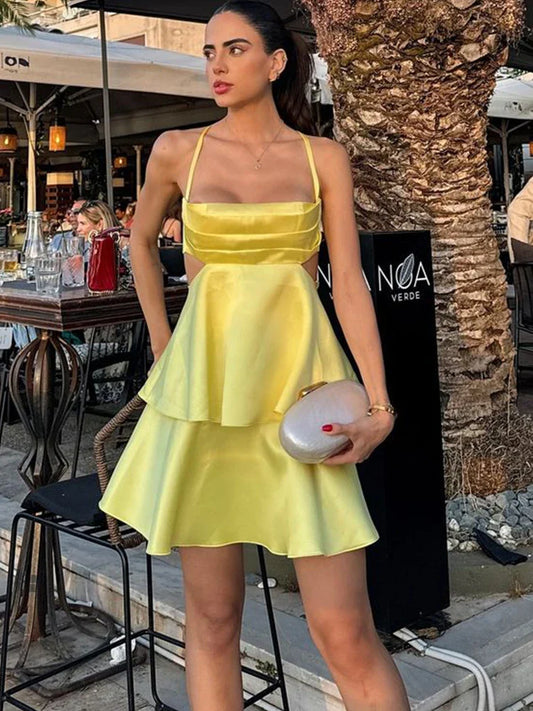 lovwvol Sexy Yellow Satin Women Mini Dress Fashion Backless Sleeveless Pleated A-line Dresses 2024 Summer Lady Party Evening Robes