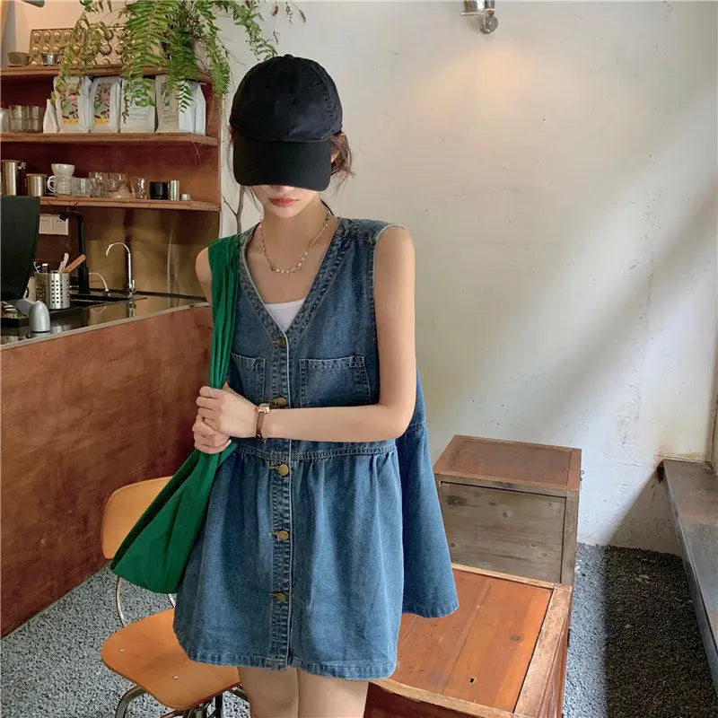 lovwvol Sleeveless Dress Women Streetwear Single Breasted Pockets V-neck Denim Females Mini Dresses A-line Pleated Vintage Korean Style