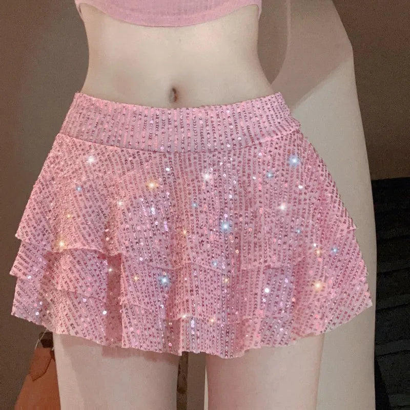 Spring Summer Women Pink Sequin Multi Layered Ruffle Edge Ultra Short Skirt Sexy Spicy Girl Mid Rise Mini Skirts Clubwear