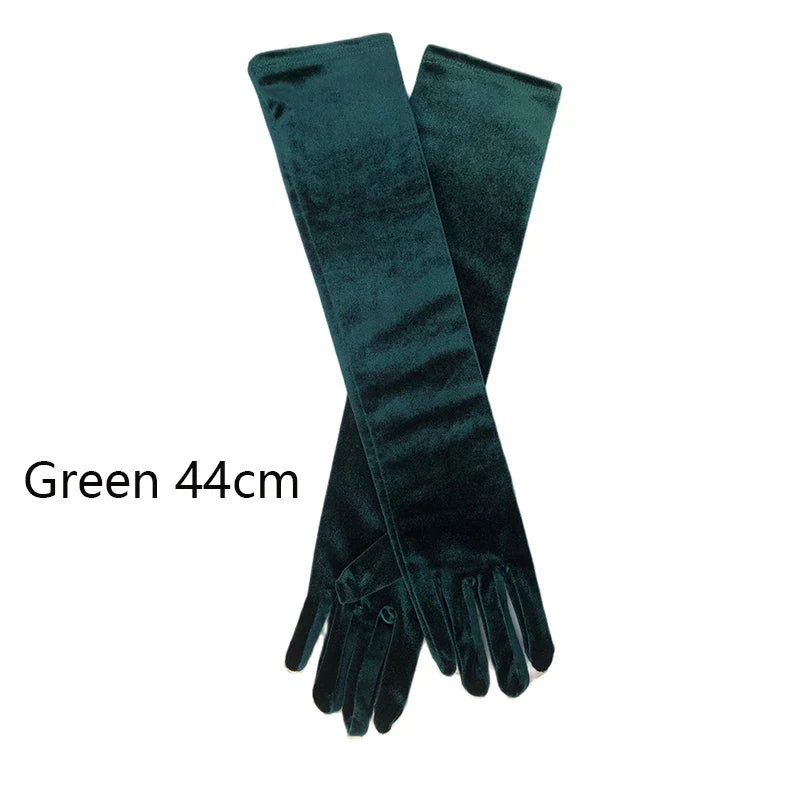 53CM Women Golden Velvet Long Autumn Winter Warm Black Evening Dress Etiquette Gloves Retro Style Banquet Accessories Elasticity