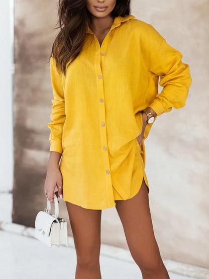 lovwvol  -  Two Piece Set Womens Outifits Long Sleeve Shirt and Short Print Shorts Suits Vintage Casual Loose Elegant Lapel Female Suit