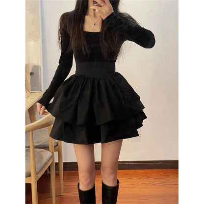 Gothic Mini Black Dresses for Women Y2K Birthday Party Princess Dress Long Sleeve A-line Ruffles Bow New Spring Prom Vestidos