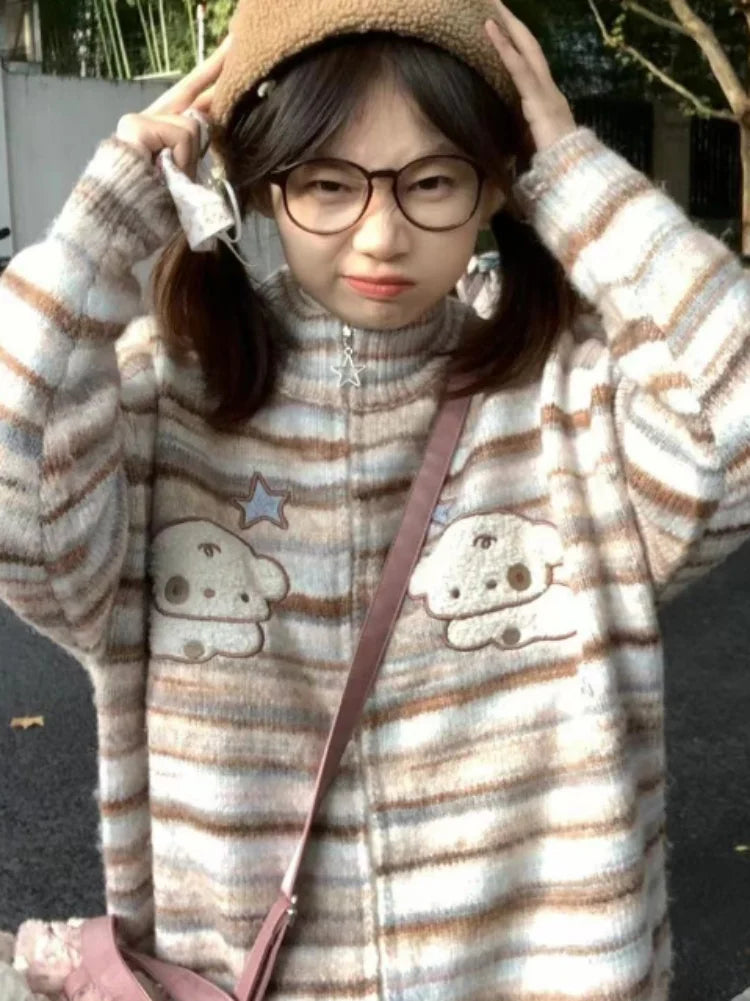 lovwvol  -  Y2k Aesthetic Japanese Knit Cardigan Kawaii Dog Embroidery Harajuku  Femme Striped Preppy Autumn Zipper y Womens