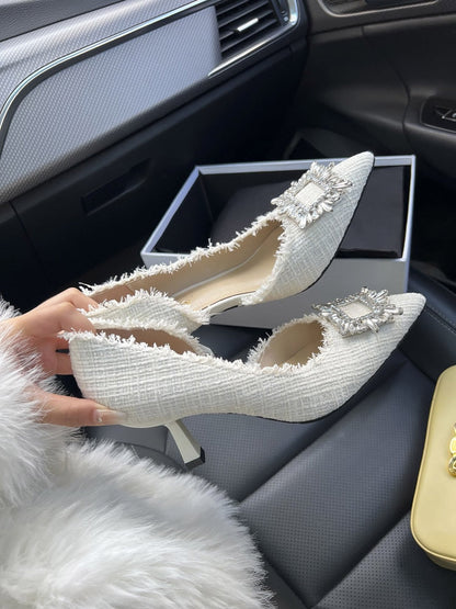 White Design Rhinestones Women Pumps Spring Fashion Pointed Toe Female Shallow High Heel Elegant Women's Work Dress Shoes