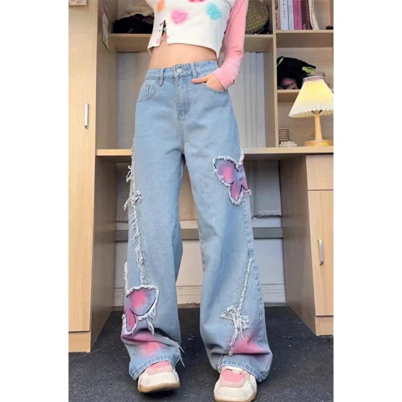 lovwvol Women's Blue Butterfly Jeans Baggy Vintage Y2k Denim Trousers 2000s Harajuku Wide Leg Cowboy Pants Trashy 90s Aesthetic Clothes