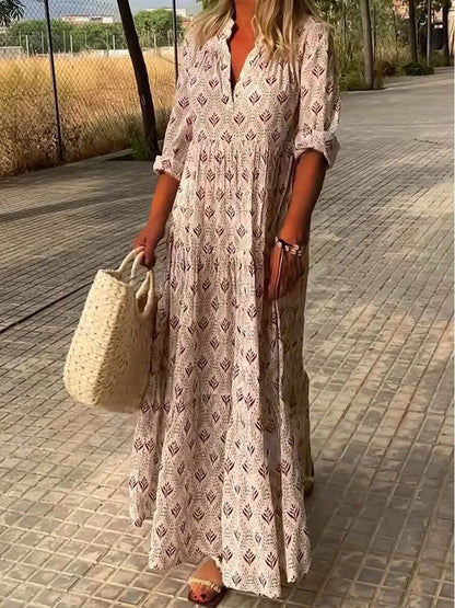 lovwvol Vintage Flower Printed Dresses For Women V-neck Loose Maxi Bohemian Style Beach Dress Casual Vacation Ladies Robe Vestidos