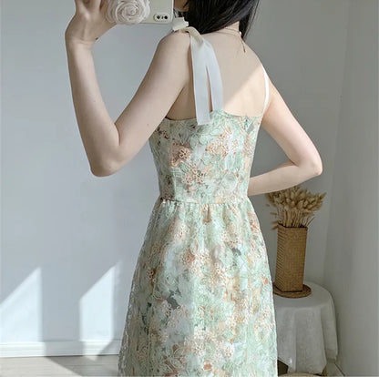 lovwvol JSXDHK New French Vintage Summer Flower Dress Elegant Women Sleeveless Spaghetti Strap Mesh Floral Embroidery Midi Vestidos