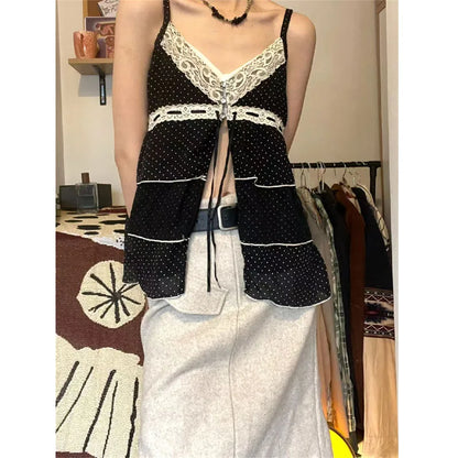 lovwvol Vintage Black Lace Camis Women Y2k Coquette Aesthetic Kawaii Crop Tank Tops Sexy Japanese 2000s Grunge Harajuku Fashion