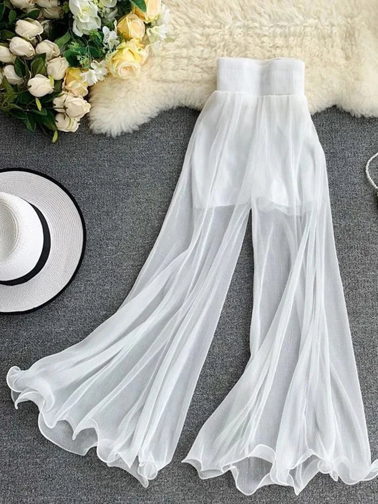 Women Flare Pants Loose Gauze Elastic High Waist Ruffle Chiffon Ladies Trousers Fashion Black White Summer Female Pants New