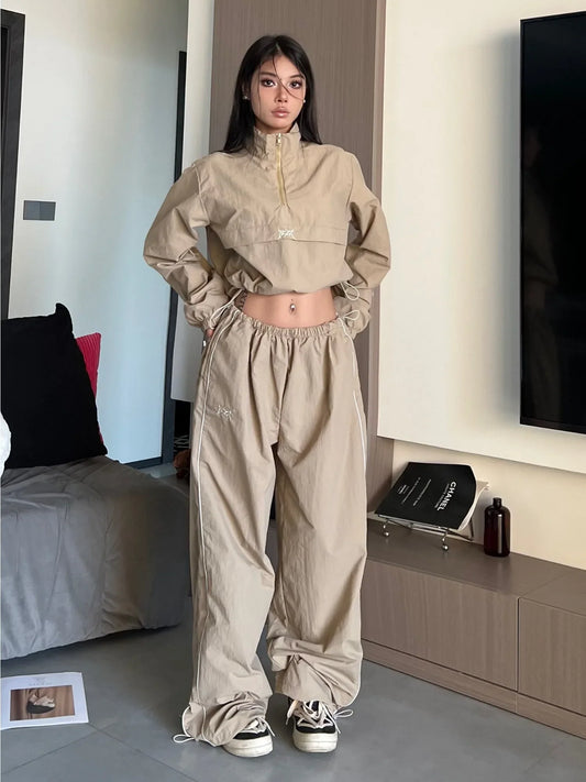 lovwvol Y2K Streetwear Khaki Pants Sets Women Gorpcore Vintage 90s Beige Tracksuit Oversized Kpop Fashion Harajuku Two Piece Set