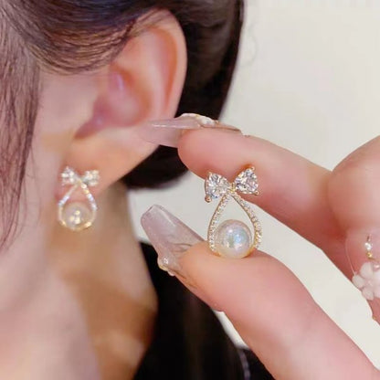 Korean New Exquisite Bow Pearl Stud Earrings For Women Contracted Crystal Heart Shape Earring Girl Temperament Jewelry