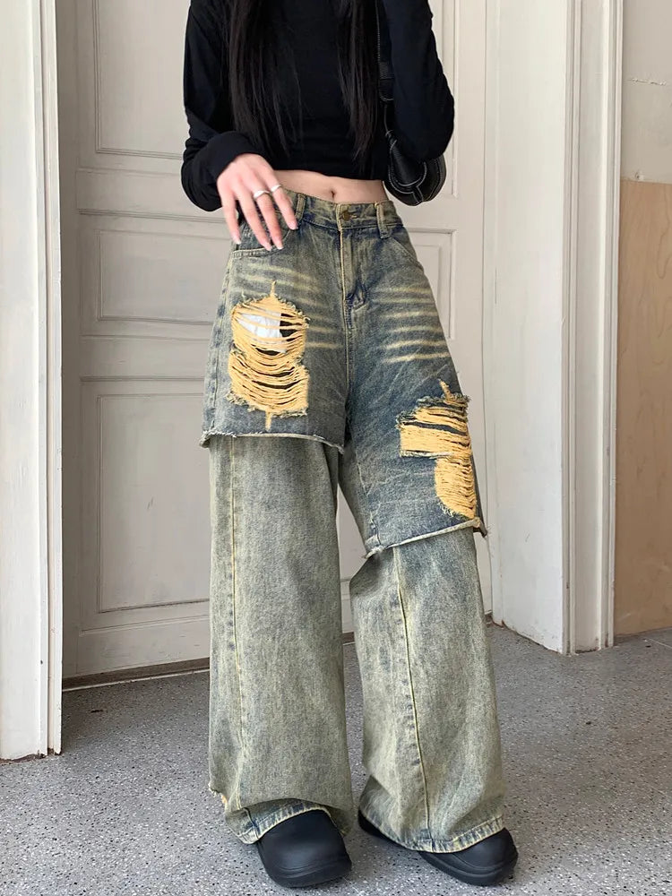 lovwvol  -  Y2K 2000S Streetwear Washed Blue Baggy Ripped Stacked Jeans Pants For Women 90S Vintage Clothes Old Lady Denim Trousers