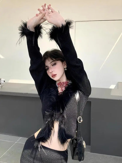 lovwvol Sexy Gothic Knitted Cardigan with Fur Women Black Cropped Sweaters Y2k Elegant Korean Streetwear Grunge V-neck Tops