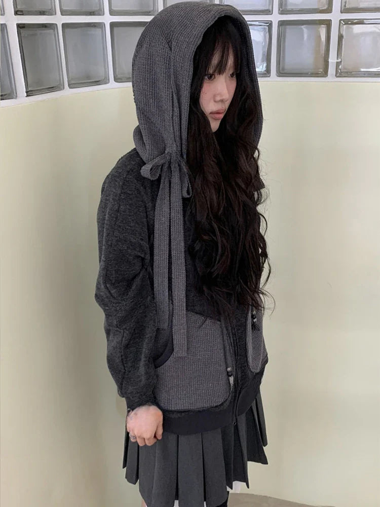 lovwvol  -  Korean Y2k Aesthetics Overszied Hoodies Women Tops Harajuku Drawstring Patchwork Sweatshirt Casual Double Zippers Streetwear