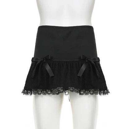 lovwvol Gothic Y2K Lace Trim Mini Skirt Harajuku Vintage Tie Up Bow Dark Academia Sexy Women Skirts Hottie A-Line Grunge New